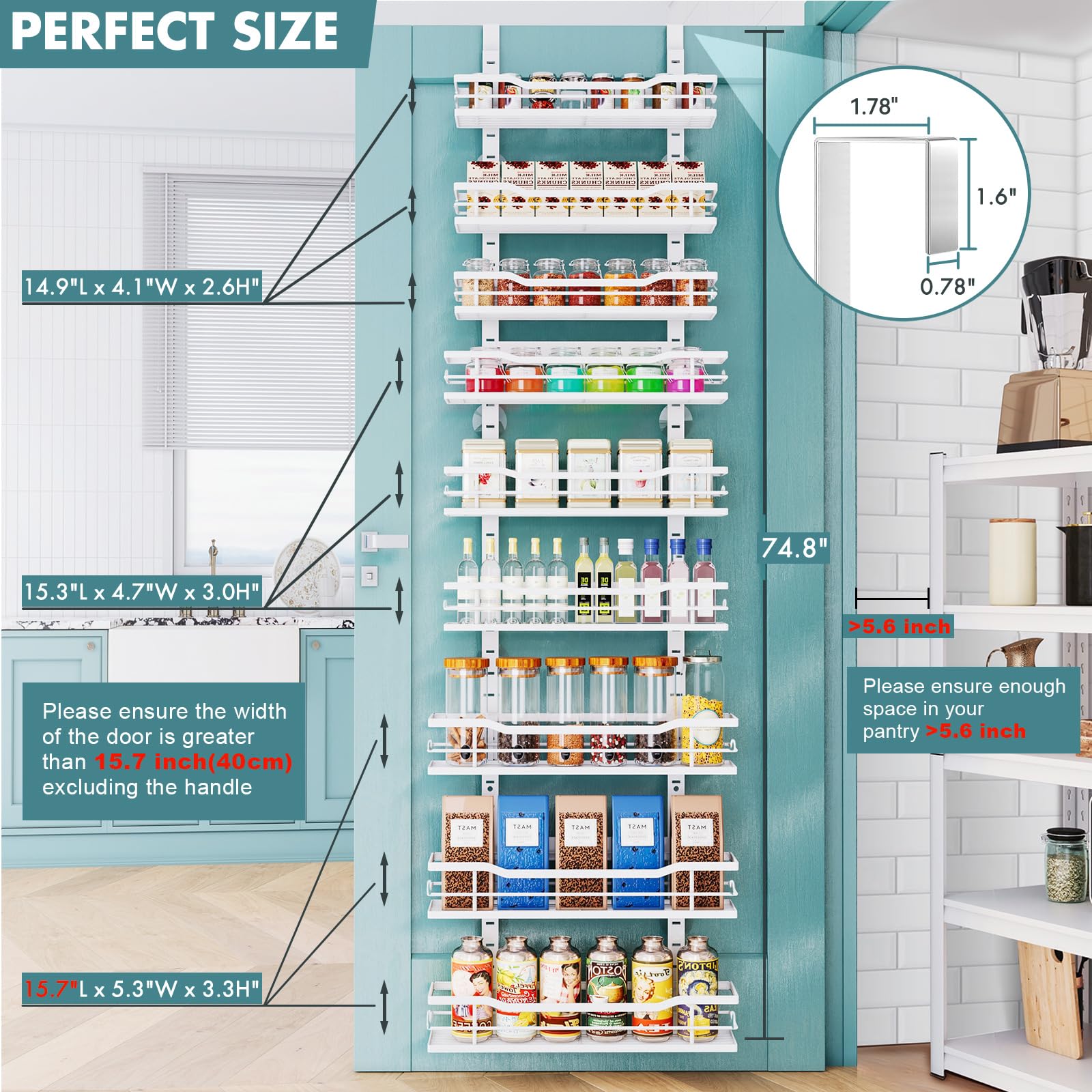 KUSVC Over The Door Pantry Organizer，9-Tier Over The Door Organizer with Adjustable Basket，Metal Hanging Pantry Organizers and Storage for Kitchen, Back of Door Seasoning Rack