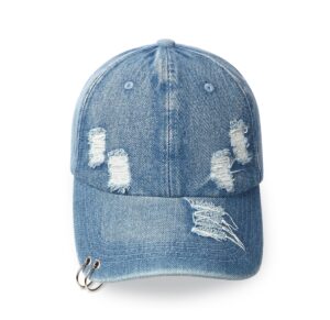 vintage distressed jean hat, light acid washed denim, ripped baseball cap, adjustable clip for universal fit