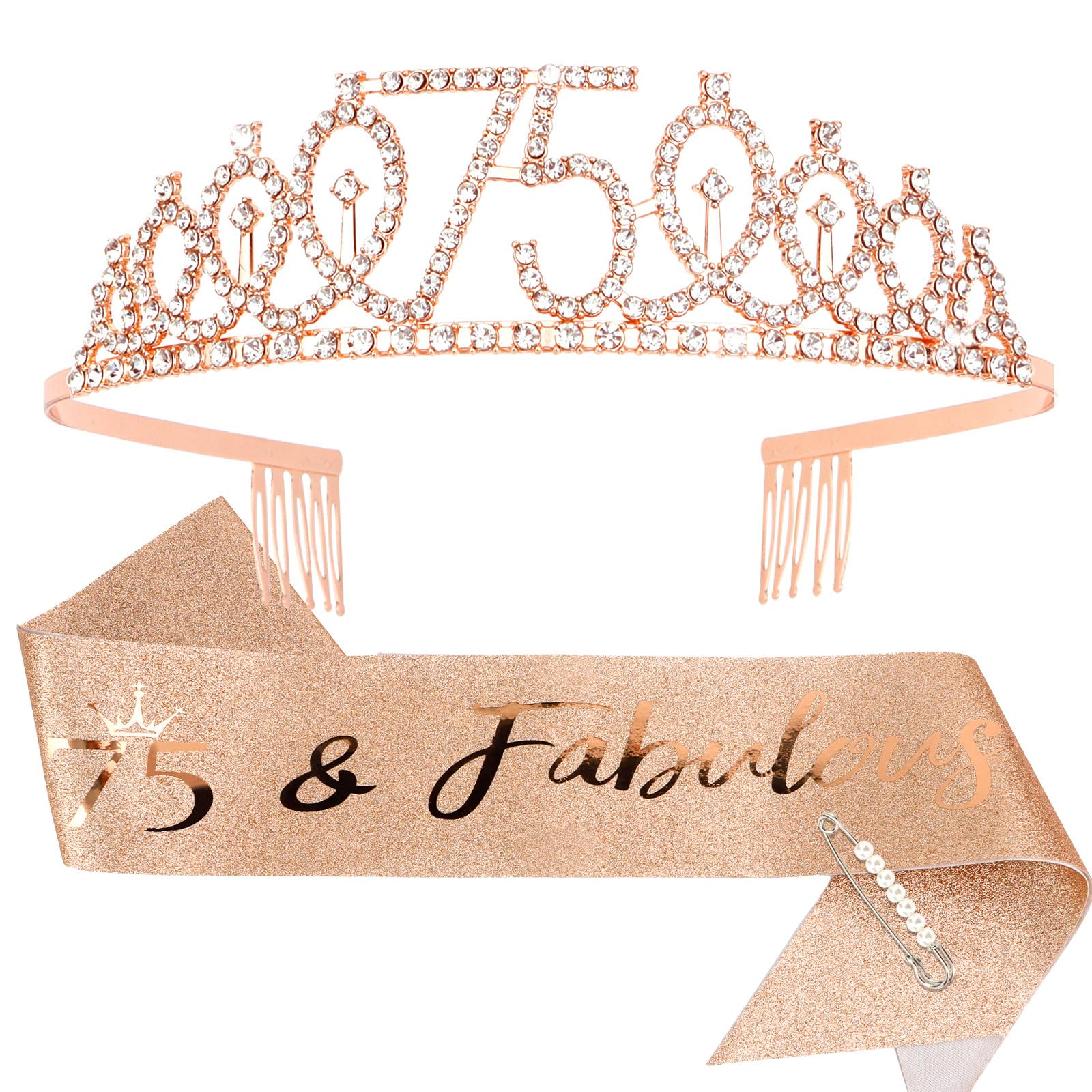 CIEHER 75th Birthday Gift Set - Crown, Sash, Pearl Pin, Decorations and Party Supplies for Women's Fabulous 75th Celebration