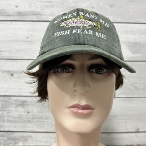 Shenbors Embroidered Women Want Me Fish Fear Me Hat for Men, Army Green Outdoors Fishing Snapback Dad Hat, Adjustable Baseball Cap