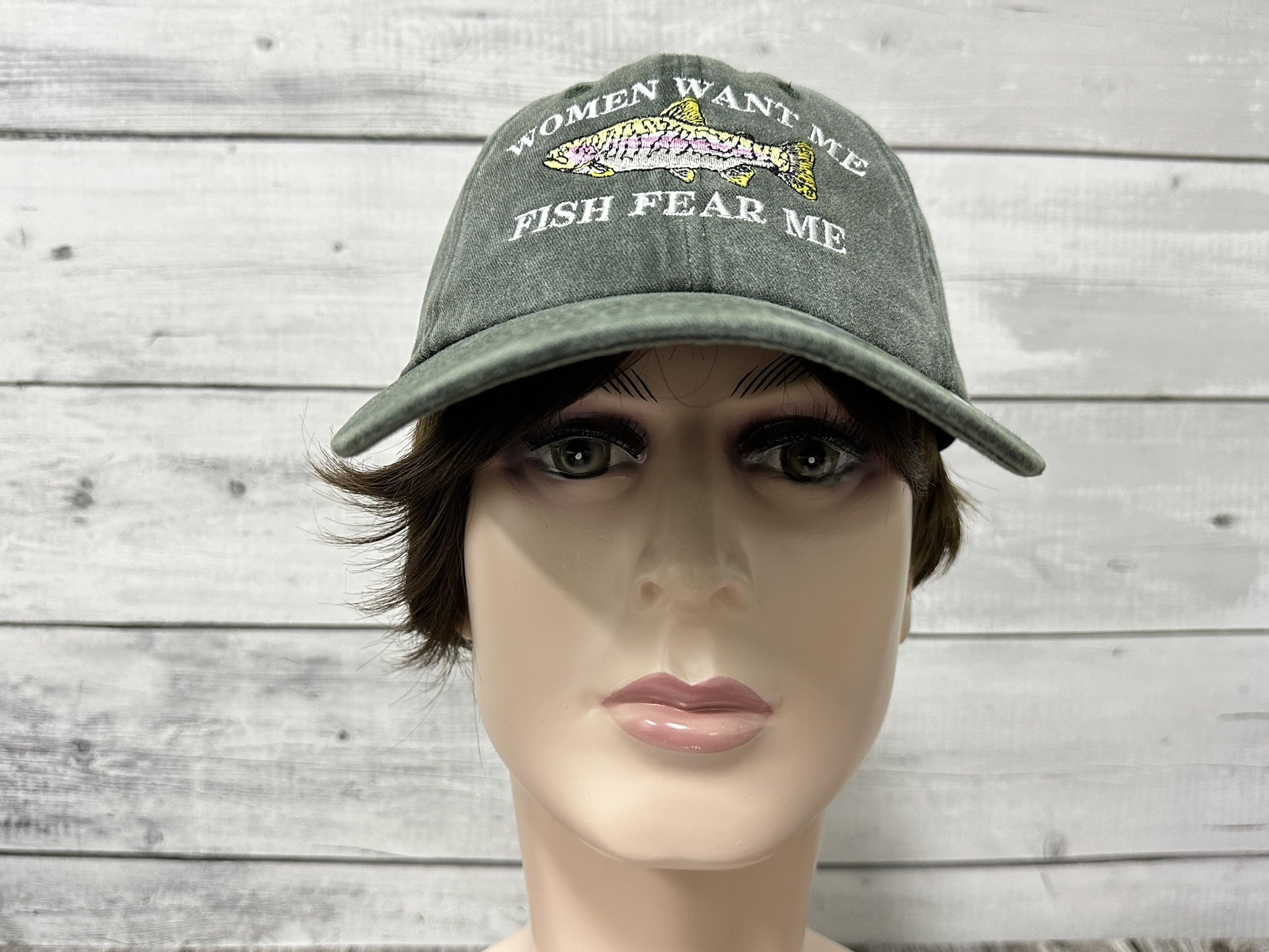 Shenbors Embroidered Women Want Me Fish Fear Me Hat for Men, Army Green Outdoors Fishing Snapback Dad Hat, Adjustable Baseball Cap