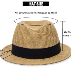 Straw Fedora-Sun-Hats for Women Men Summer Short Brim Roll Up Trilby Hat Packable Panama-Jazz Beach Hat(Size:M) Khaki