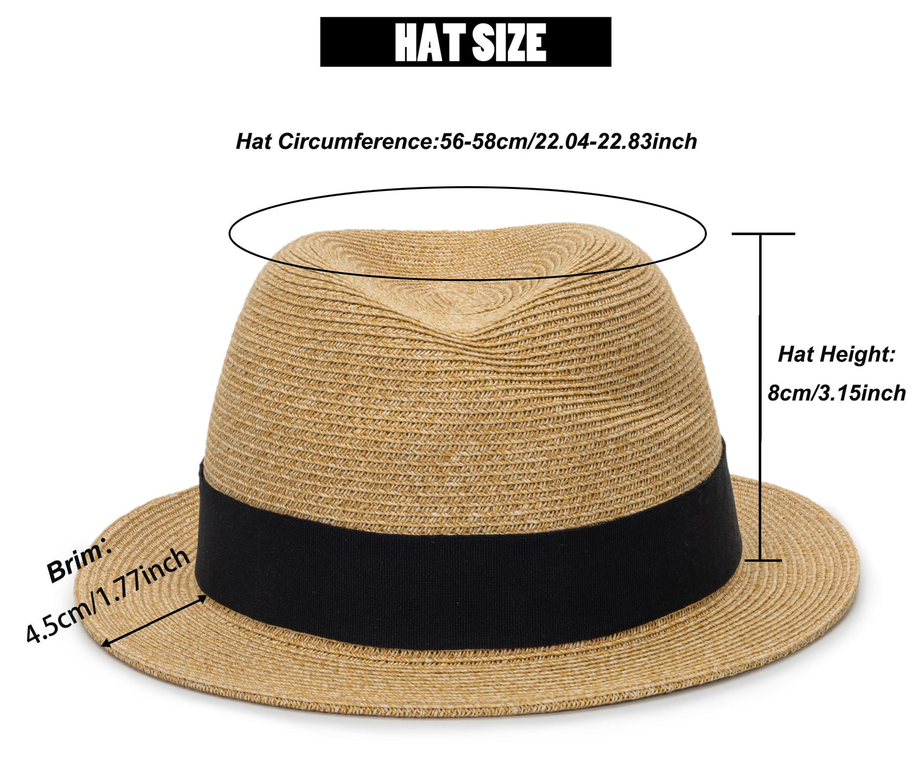 Straw Fedora-Sun-Hats for Women Men Summer Short Brim Roll Up Trilby Hat Packable Panama-Jazz Beach Hat(Size:M) Khaki