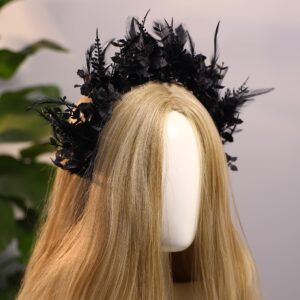 MOSTORY Black Feather Halo Crown - Handmade Dark Feather Headband Gothic Floral Hairband for Women Girls Witch Goth Wedding Renaissance Cosplay Prom Party Fae Ball Photo Shoot