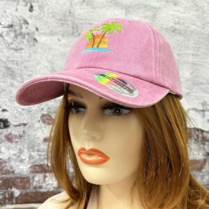 Hepandy Embroidered Palm Tree Hat for Women, Washed Pink Baseball Cap Snapback Hat for Girls, Outdoor Travel Denim Dad Hat Trucker Hat