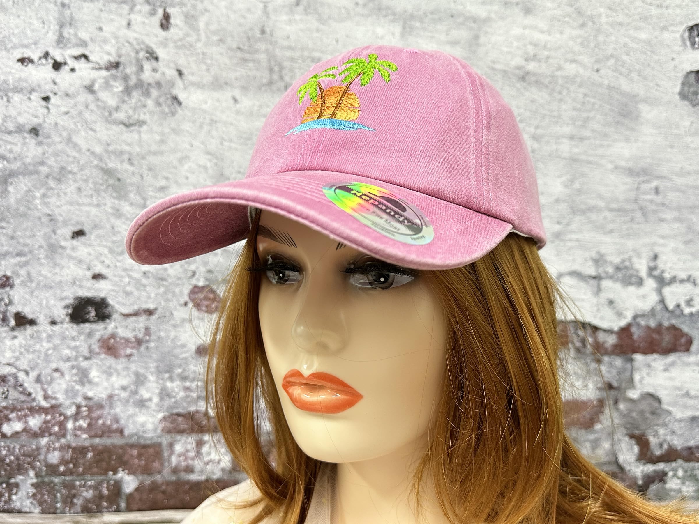 Hepandy Embroidered Palm Tree Hat for Women, Washed Pink Baseball Cap Snapback Hat for Girls, Outdoor Travel Denim Dad Hat Trucker Hat