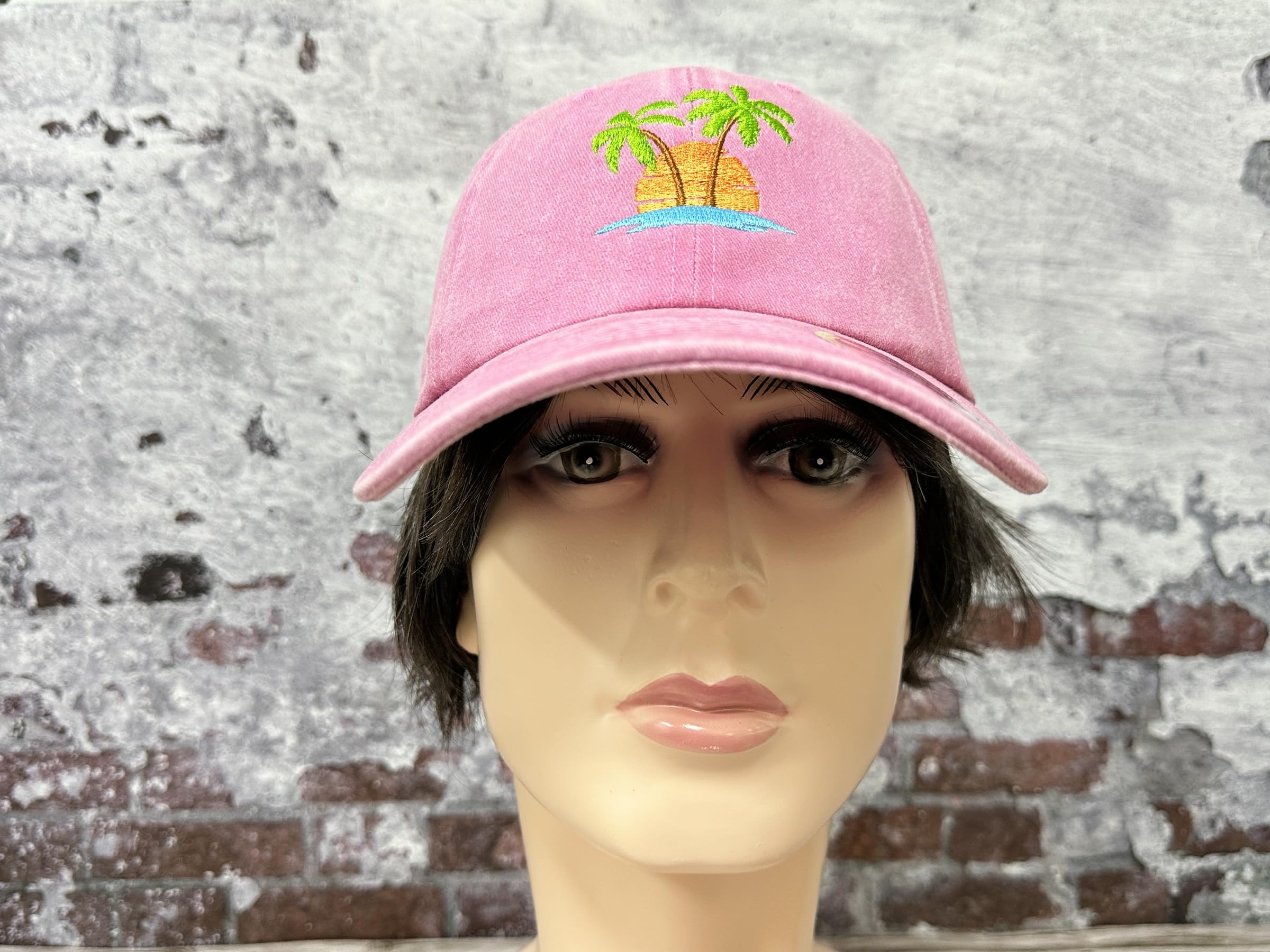 Hepandy Embroidered Palm Tree Hat for Women, Washed Pink Baseball Cap Snapback Hat for Girls, Outdoor Travel Denim Dad Hat Trucker Hat