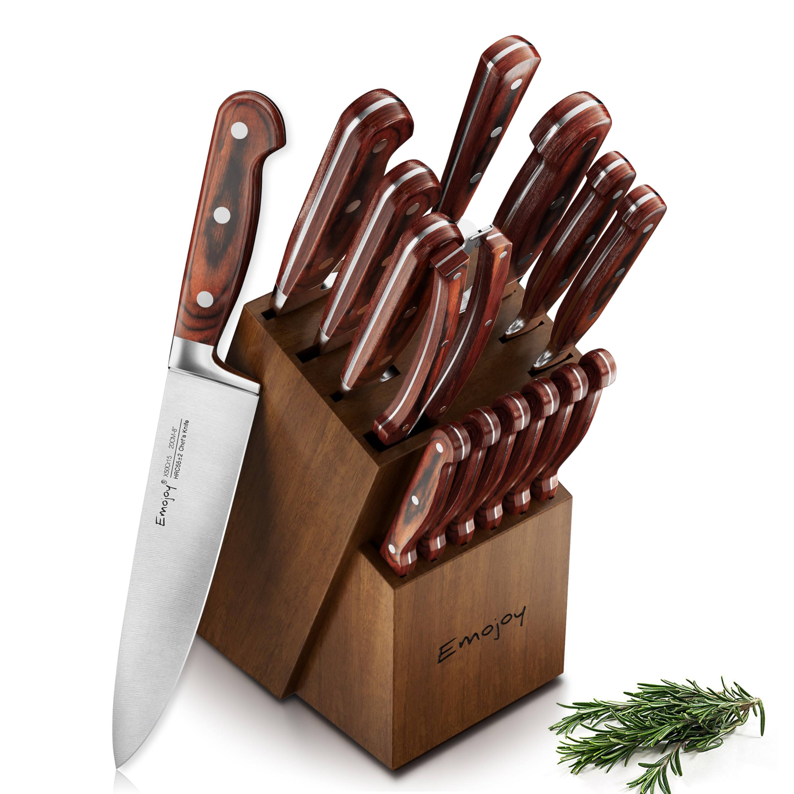 Knife Set, 15-pcs Emojoy Kitchen Knife Set with Block, Premium Kitchen Knives with Heavy Poultry Shears, Sharpener and 6pcs Serrated Steak Knives