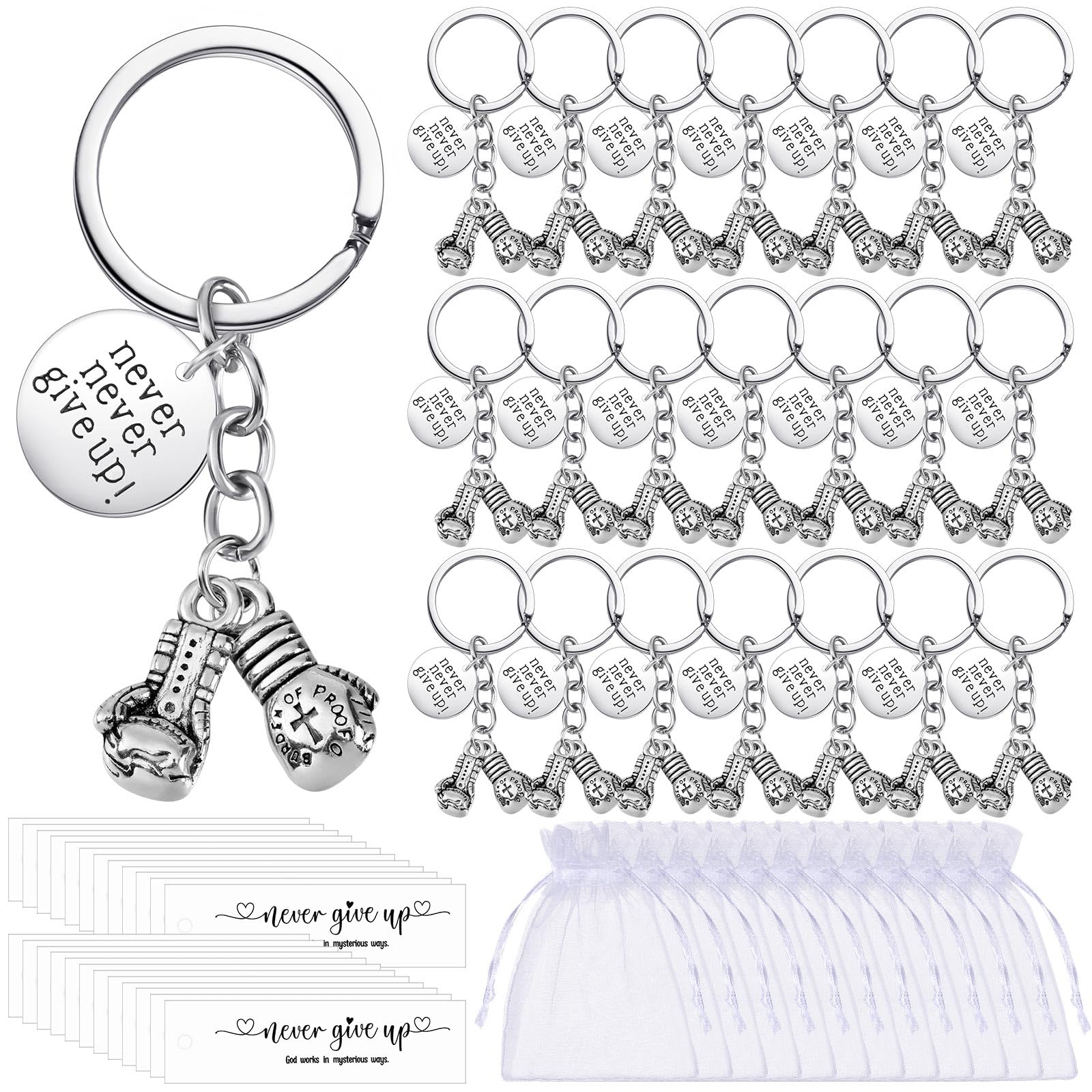 Loetere 24 Sets Never Give up Boxing Keychain Boxing Gloves Charm Keyring with Thank You Tag and Organza Bag Inspirational Keychain Gift for Boxers Appreciation Gift Fitness Gift Boxer Fan Gift