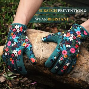 Trifabricy Garden Gloves for Women - Breathable leather Floral Gardening Gloves with Grip, Thorn-Proof Puncture-Resistant Work Gloves for Weeding, Digging, Planting, Raking and Pruning, Green Flower