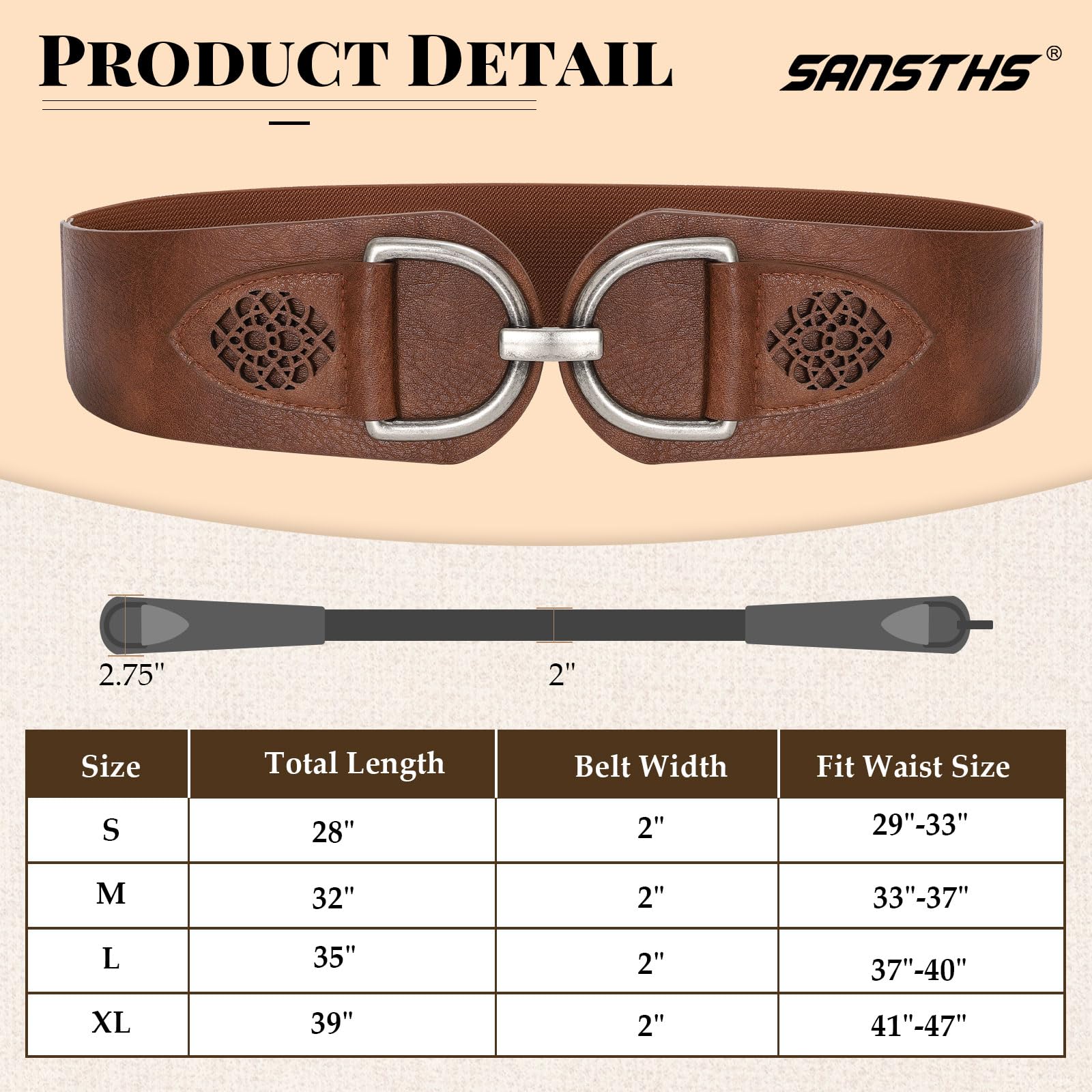 SANSTHS Vintage Women Stretchy Wide Belt Chunky Buckle Elastic Wide Waist Belts for Dresses Coats, Coffee M