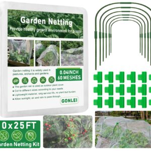 GonLei 10x25FT Garden Mesh Netting Kit Raised Beds (6 Pcs Garden Hoops & 18 Clips) Garden Hoops Plant Row Covers Netting Protection Berry Bush Trees Grass Seed Barrier Net