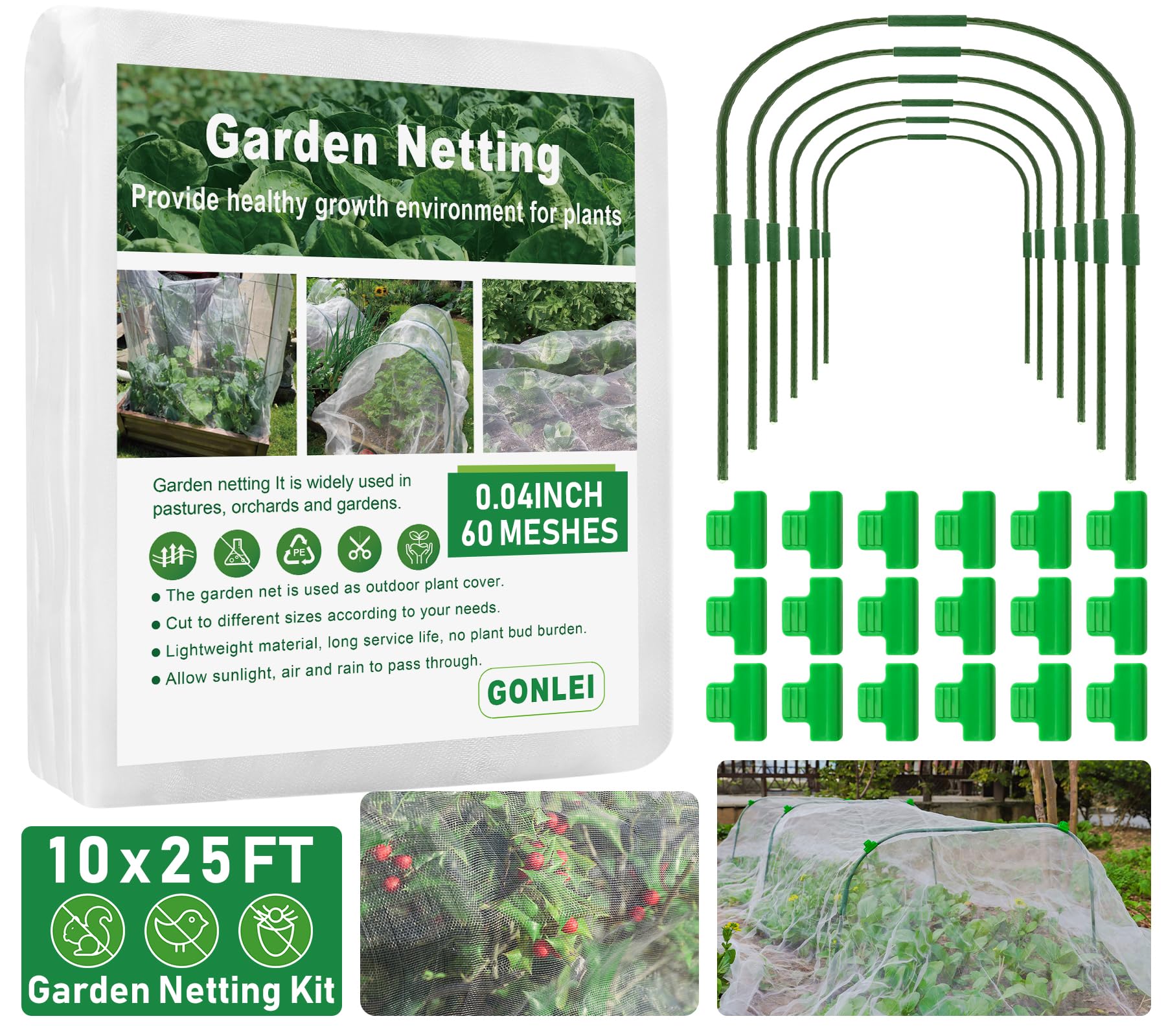 GonLei 10x25FT Garden Mesh Netting Kit Raised Beds (6 Pcs Garden Hoops & 18 Clips) Garden Hoops Plant Row Covers Netting Protection Berry Bush Trees Grass Seed Barrier Net