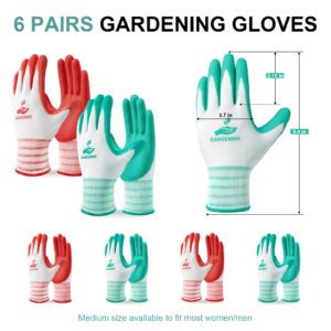 Trifabricy Gardening Gloves for Women/Men - 6 Pairs Breathable Natural Latex Garden Gloves with Grip, Outdoor Hard-wearing Protective Work Gloves for Lawn Yard, Medium, Green & Red