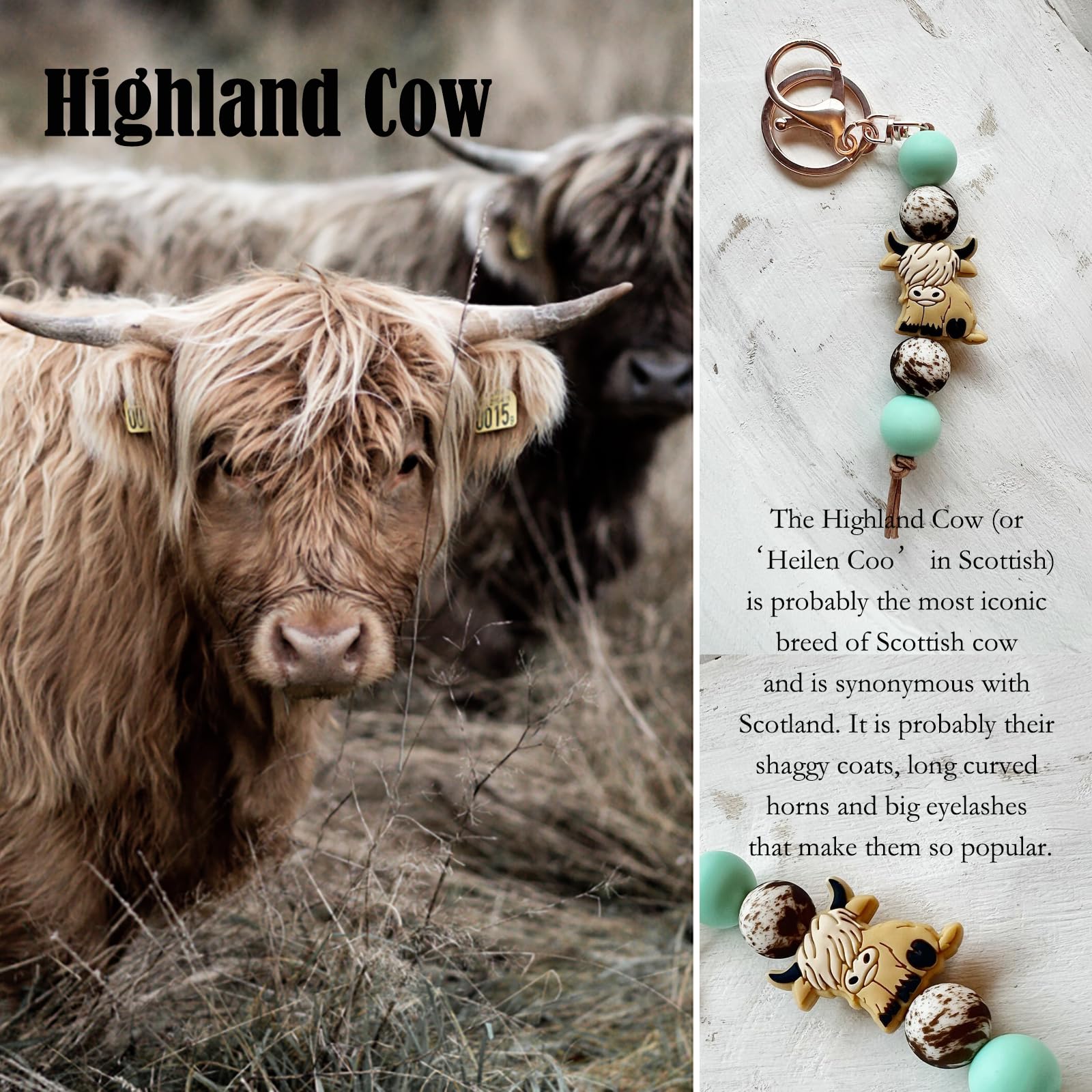 Qpige Highland Cow Gifts Cute Keychain Beads Highland Cow Keychain for Car Key Chain Highland Cow Lovers Gifts(Khaki)