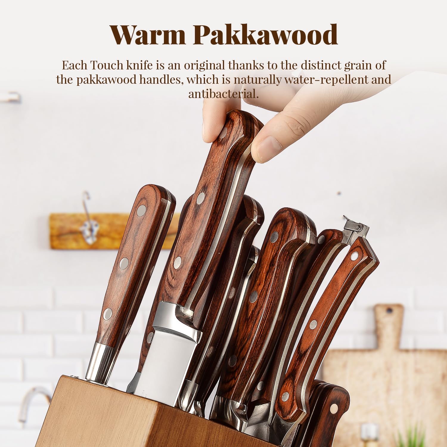 Knife Set, 15-pcs Emojoy Kitchen Knife Set with Block, Premium Kitchen Knives with Heavy Poultry Shears, Sharpener and 6pcs Serrated Steak Knives