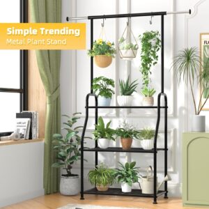 Simple Trending Plant Stand Indoor Outdoor, Heavy Duty Metal 3 Tiered Hanging Plant Shelf for Multiple Flower Planter Holder Tall Large Rack for Living Room Garden Balcony, Black