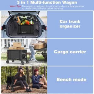 Raynesys 3 in 1 Collapsible Wagon Converts to Bench, 220lbs Foldable Wagon Cart with Wheels, 120L Shopping Cart for Groceries Folding Utility Wagon for Beach, Garden, Camping, Sport, Black