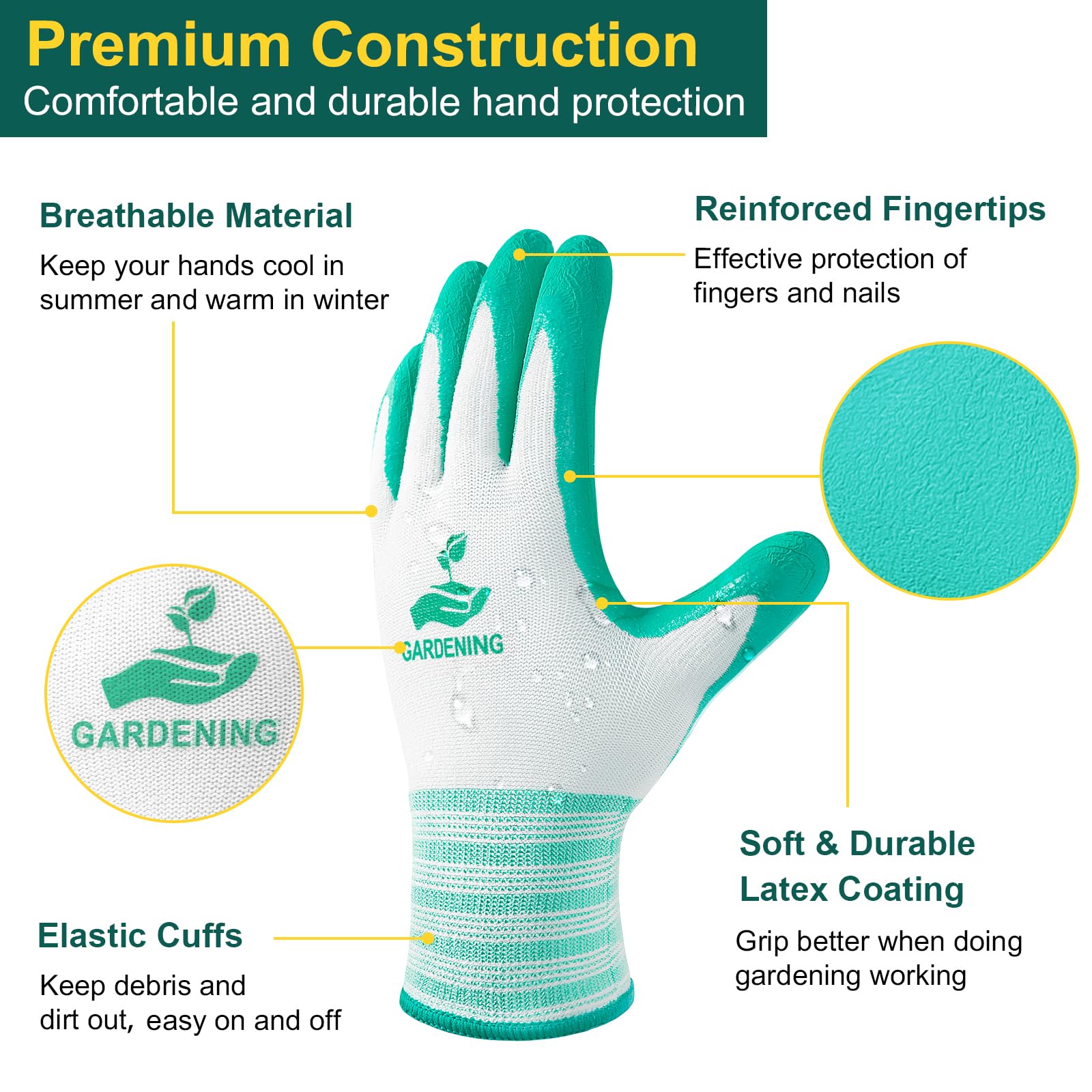 Trifabricy Gardening Gloves for Women/Men - 6 Pairs Breathable Natural Latex Garden Gloves with Grip, Outdoor Hard-wearing Protective Work Gloves for Lawn Yard, Medium, Green & Red