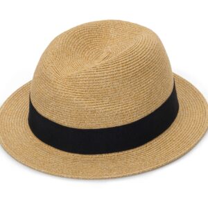 Straw Fedora-Sun-Hats for Women Men Summer Short Brim Roll Up Trilby Hat Packable Panama-Jazz Beach Hat(Size:M) Khaki