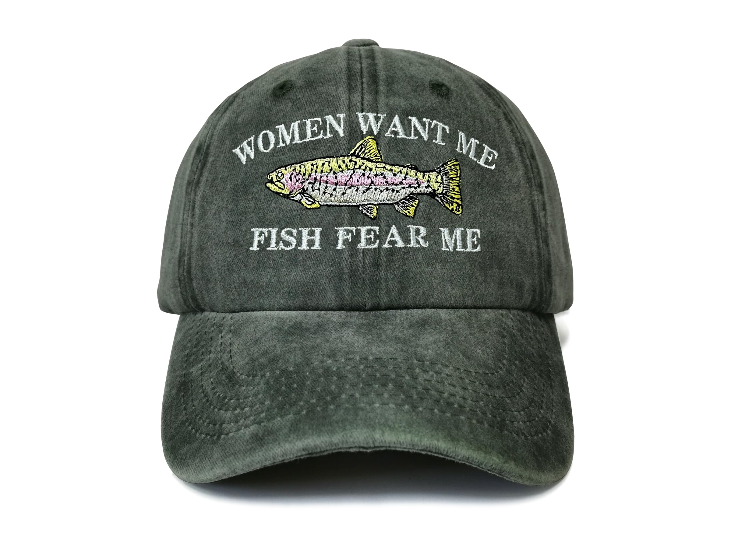 Shenbors Embroidered Women Want Me Fish Fear Me Hat for Men, Army Green Outdoors Fishing Snapback Dad Hat, Adjustable Baseball Cap