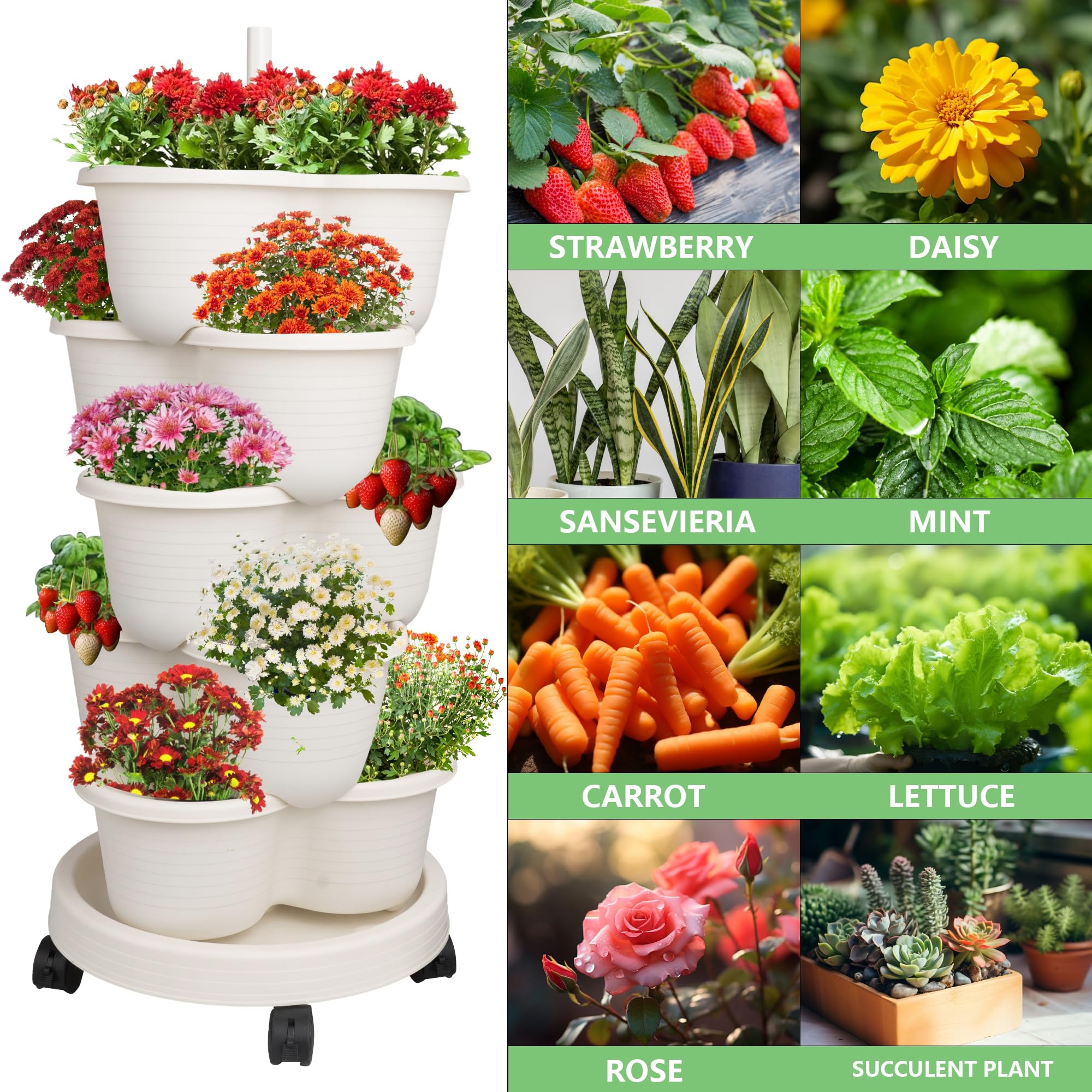 Hourleey Strawberry Planter, 5 Tier Stackable Gaden Tower for Flowers, Vegetables, Grow Your Own Herb Garden Vertical Oasis of Vegetables and Succulents