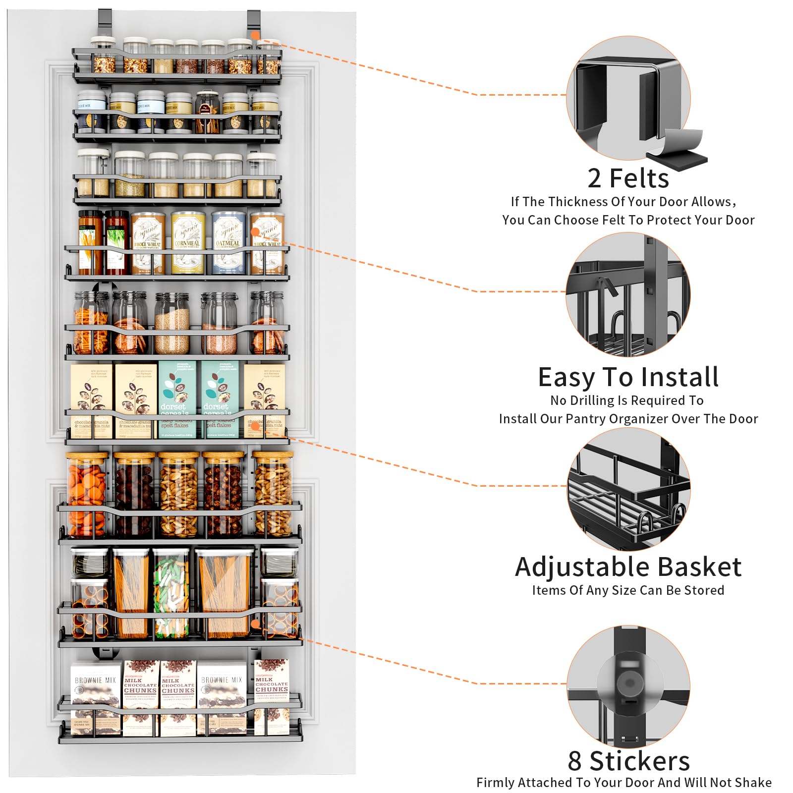 MSERCUOR Over The Door Pantry Organizer Rack, 9-Tier Metal Pantry Organization And Storage with Adjustable Baskets, Hanging Spice Rack for Home & Kitchen Laundry Room Bathroom (9 Tier Black)