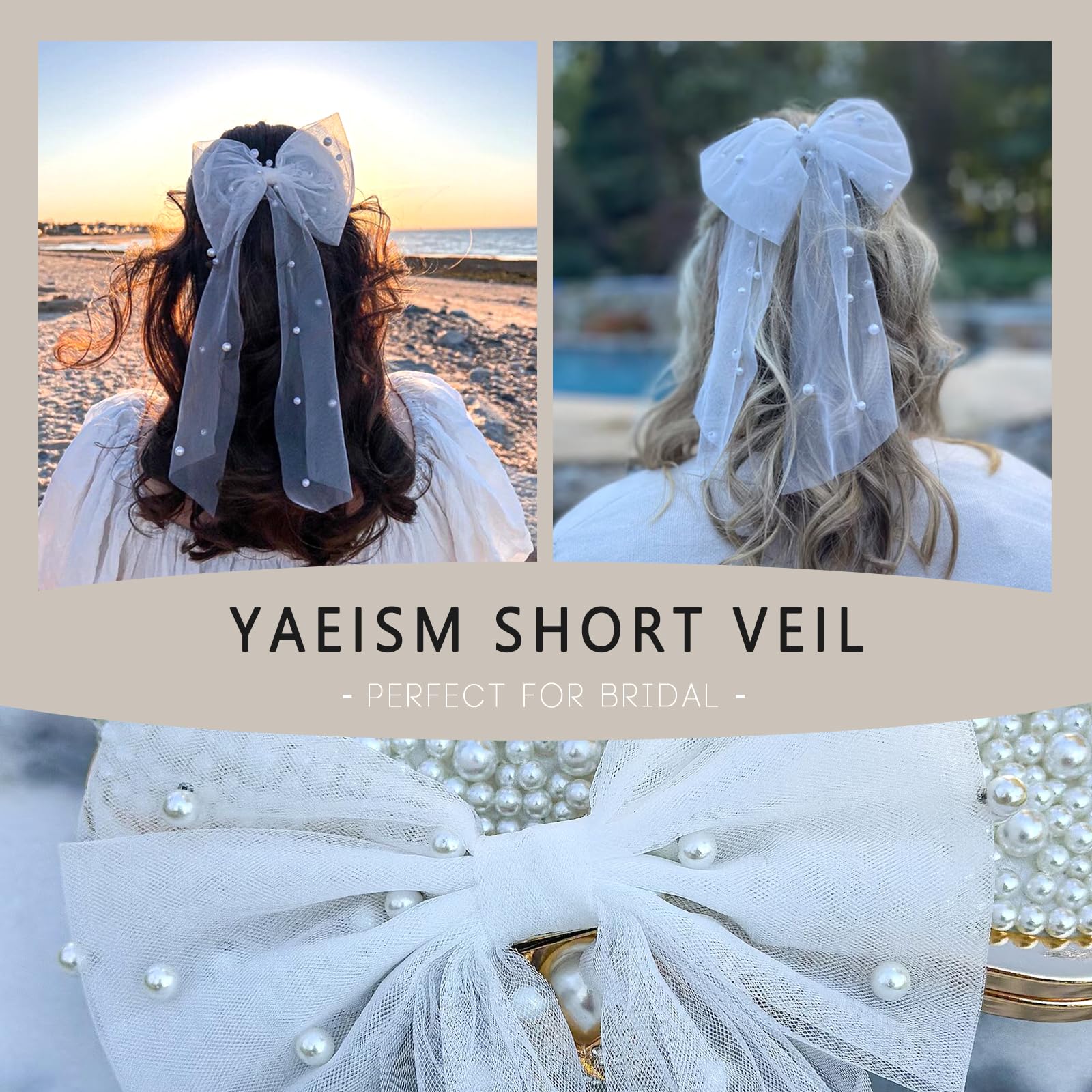 YAEISM Bridal Pearl Hair Bow Veil Bachelorette Party Decorations White Bow Short Wedding Veil Elegant Double Bowknot Bride Hair Clip Engagement Bridesmaid Gift