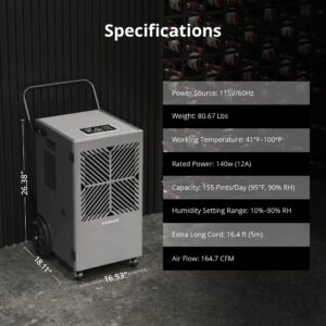 Kesnos 155 Pints Commercial Dehumidifier with Pump – Dehumidifier with Drain Hose and 24 Hr Timer in Large Space Up to 7500 Sq. Ft. – Ideal for Basements, Industrial Spaces and Job Sites