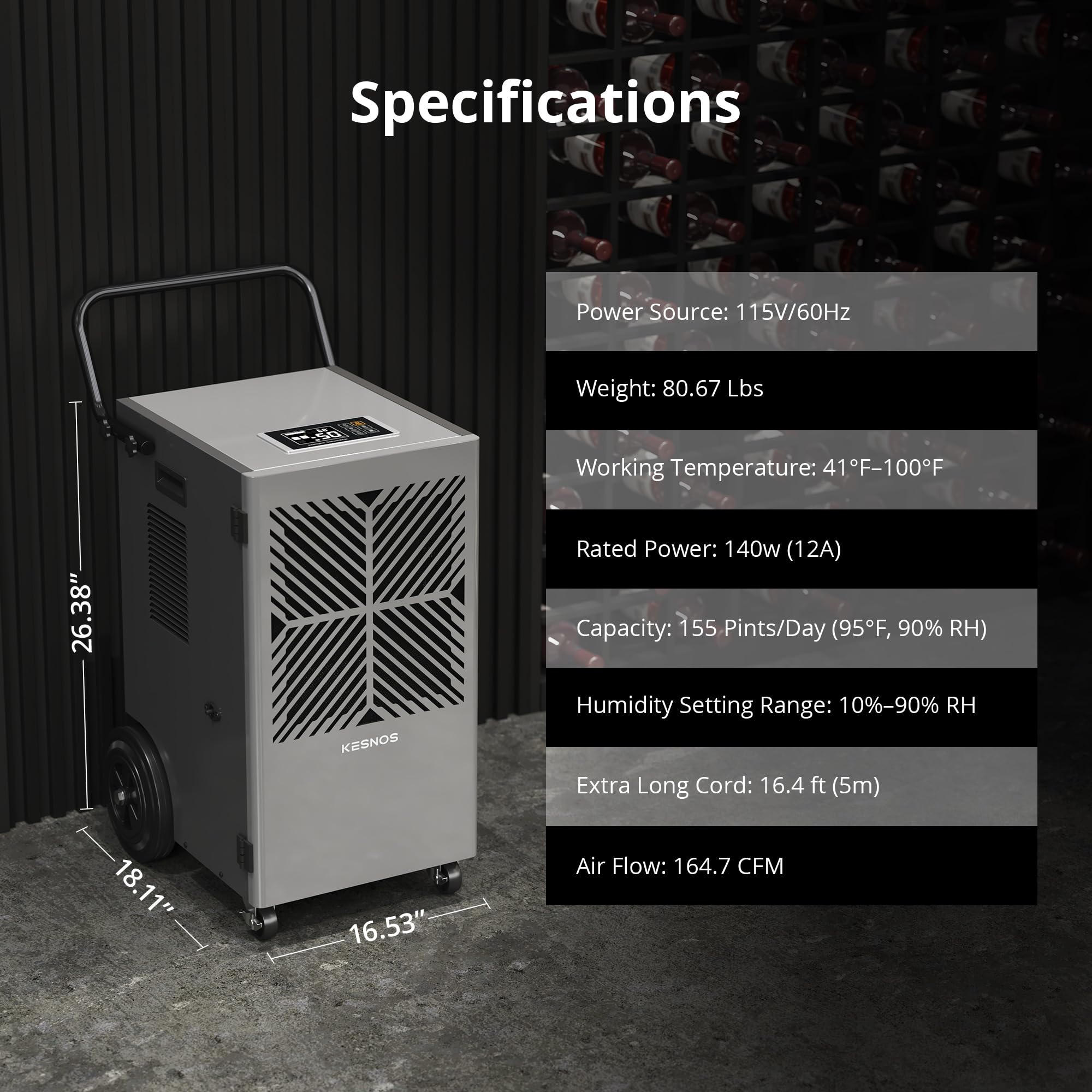 Kesnos 155 Pints Commercial Dehumidifier with Pump – Dehumidifier with Drain Hose and 24 Hr Timer in Large Space Up to 7500 Sq. Ft. – Ideal for Basements, Industrial Spaces and Job Sites