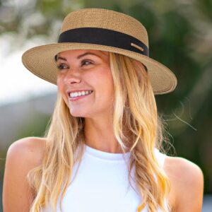 Women's Wide Brim Sun Hat Straw Panama Hat - UV-Protection Summer Boater Fedora Beach-Sun-Hats(M-L)