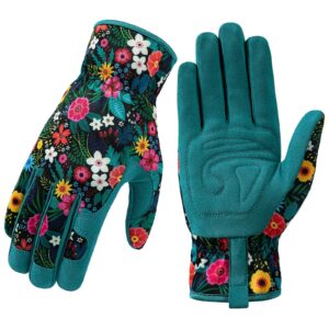 trifabricy garden gloves for women - breathable leather floral gardening gloves with grip, thorn-proof puncture-resistant work gloves for weeding, digging, planting, raking and pruning, green flower