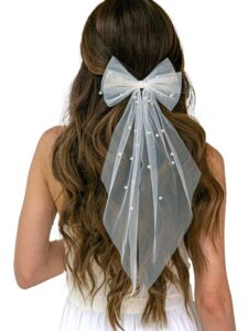 yaeism bridal pearl hair bow veil bachelorette party decorations white bow short wedding veil elegant double bowknot bride hair clip engagement bridesmaid gift