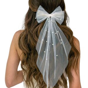 YAEISM Bridal Pearl Hair Bow Veil Bachelorette Party Decorations White Bow Short Wedding Veil Elegant Double Bowknot Bride Hair Clip Engagement Bridesmaid Gift