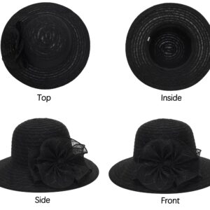 Women Organza Church Hat - Wide Brim Sun Hat Wedding Bridal Flower Church Hat Fascinator Hat (US, Alpha, Medium, Black)