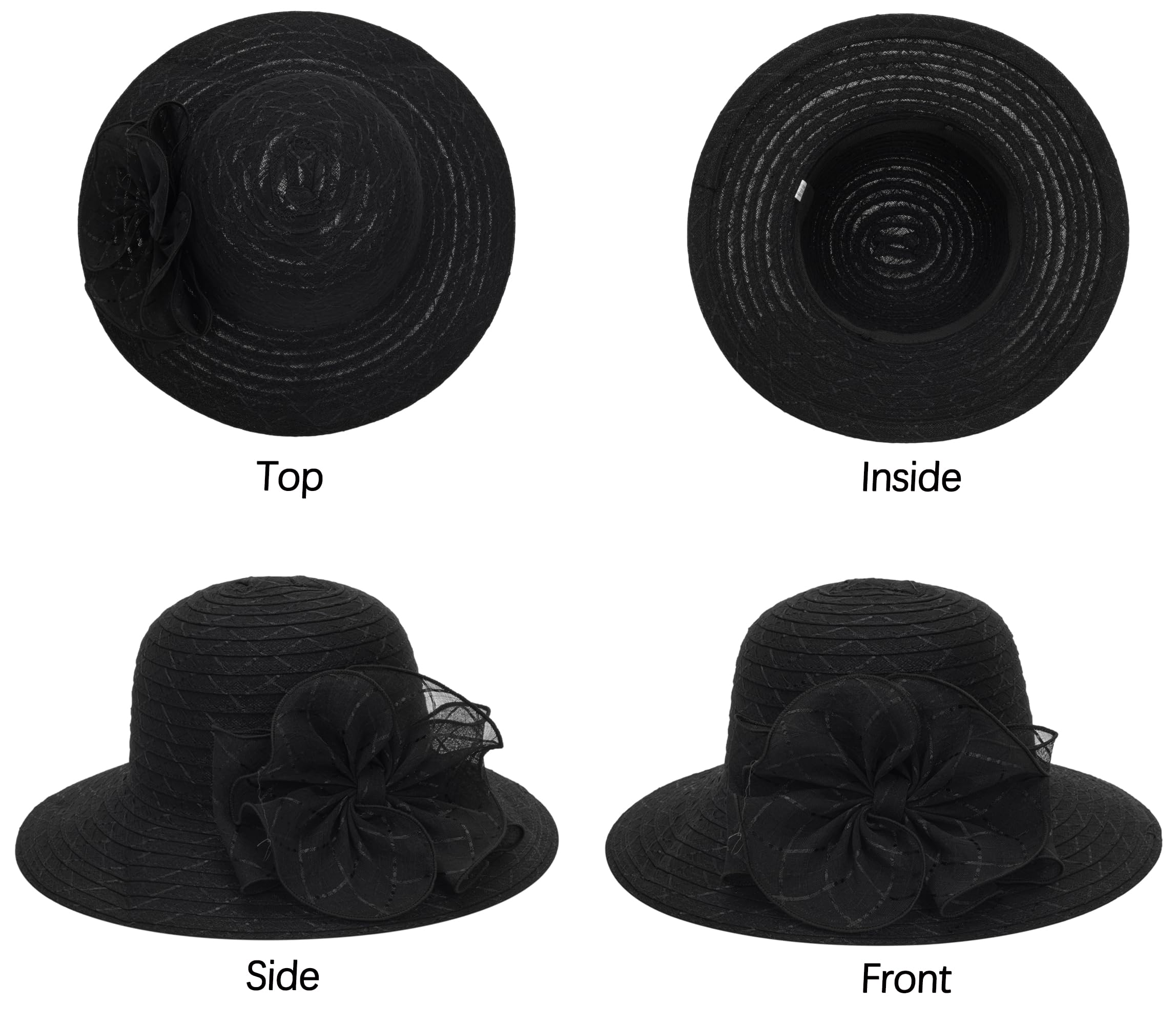 Women Organza Church Hat - Wide Brim Sun Hat Wedding Bridal Flower Church Hat Fascinator Hat (US, Alpha, Medium, Black)