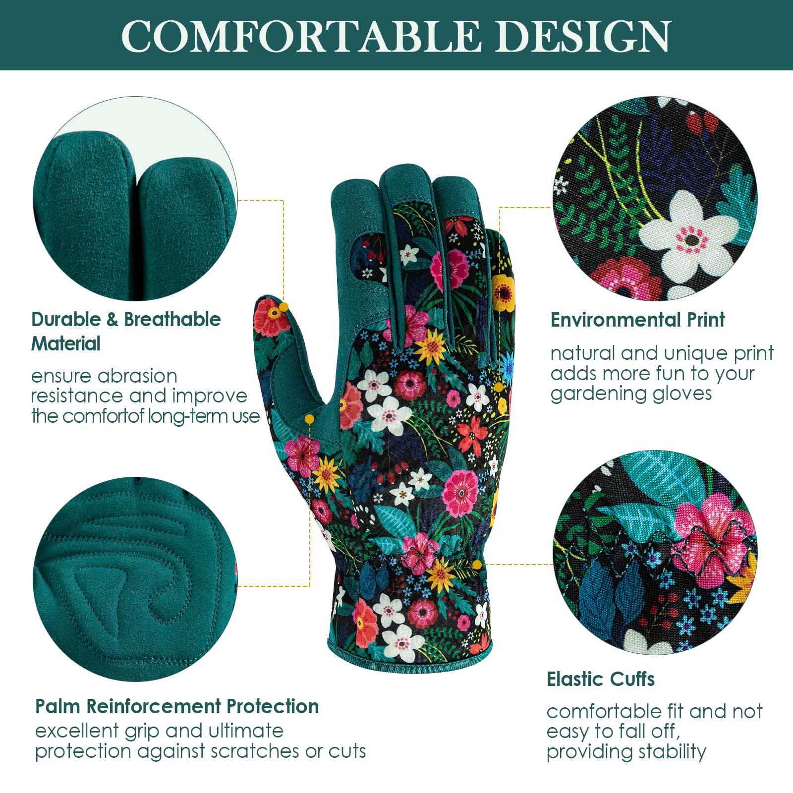 Trifabricy Garden Gloves for Women - Breathable leather Floral Gardening Gloves with Grip, Thorn-Proof Puncture-Resistant Work Gloves for Weeding, Digging, Planting, Raking and Pruning, Green Flower