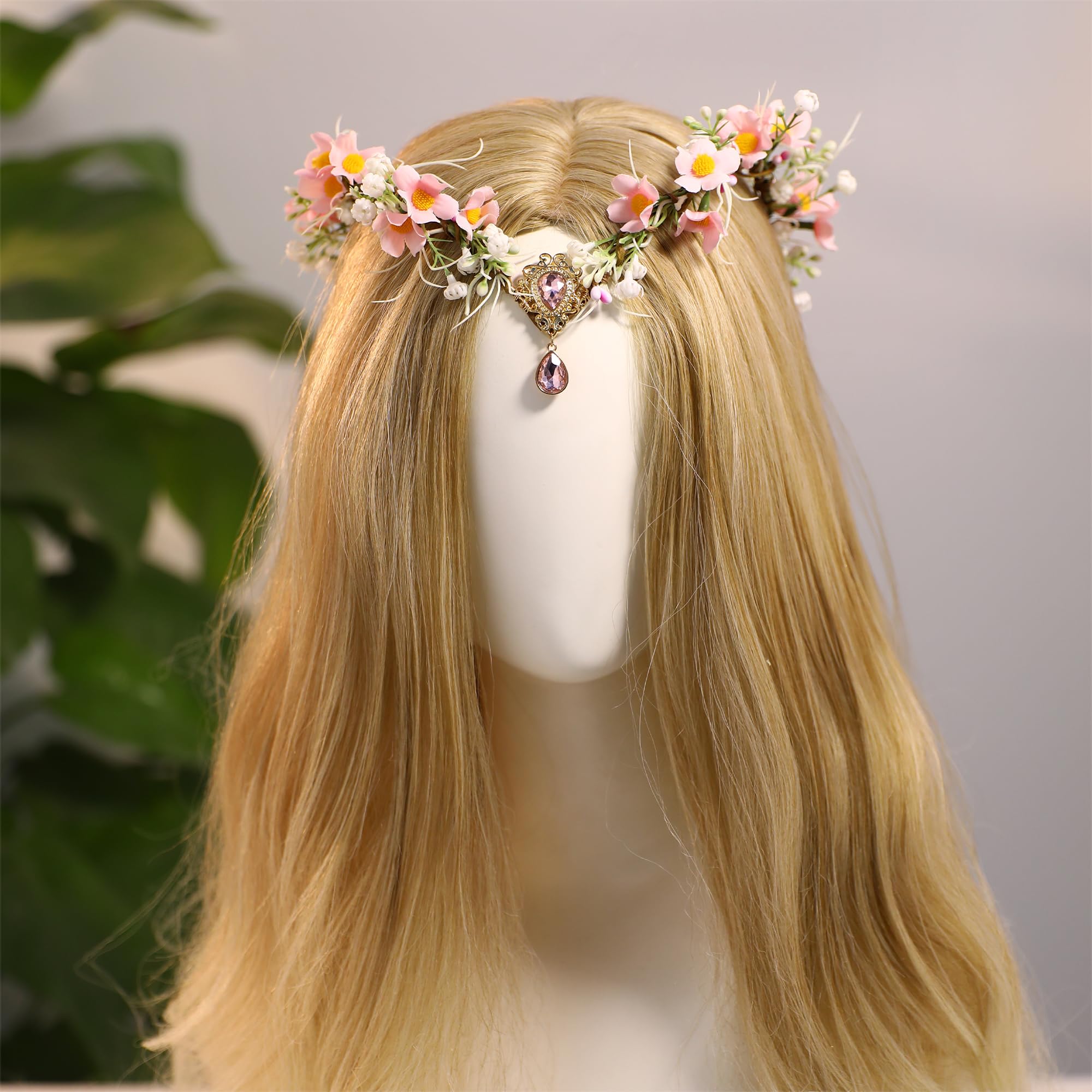 MOSTORY Pink Flower Elf Crown - Handmade Woodland Fairy Headpiece Forest Floral Headband with Crystal Elven Flower Circlet for Women Girls Cosplay Renaissance Mardi Gras