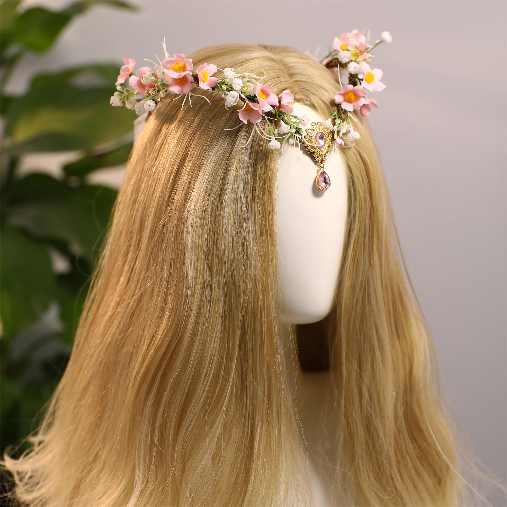 MOSTORY Pink Flower Elf Crown - Handmade Woodland Fairy Headpiece Forest Floral Headband with Crystal Elven Flower Circlet for Women Girls Cosplay Renaissance Mardi Gras