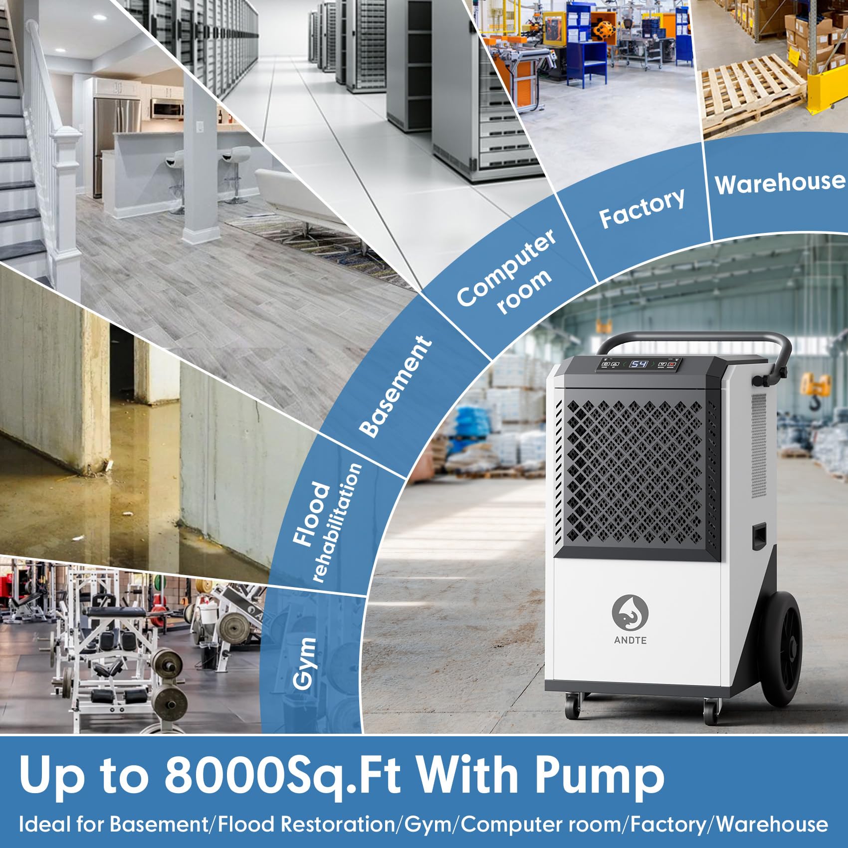 ANDTE 250 Pint Commercial Dehumidifier with Pump for Industrial,8000sqft Commercial Grade Dehumidifiers with Drain Hose for Basements,38 Gallon/Day