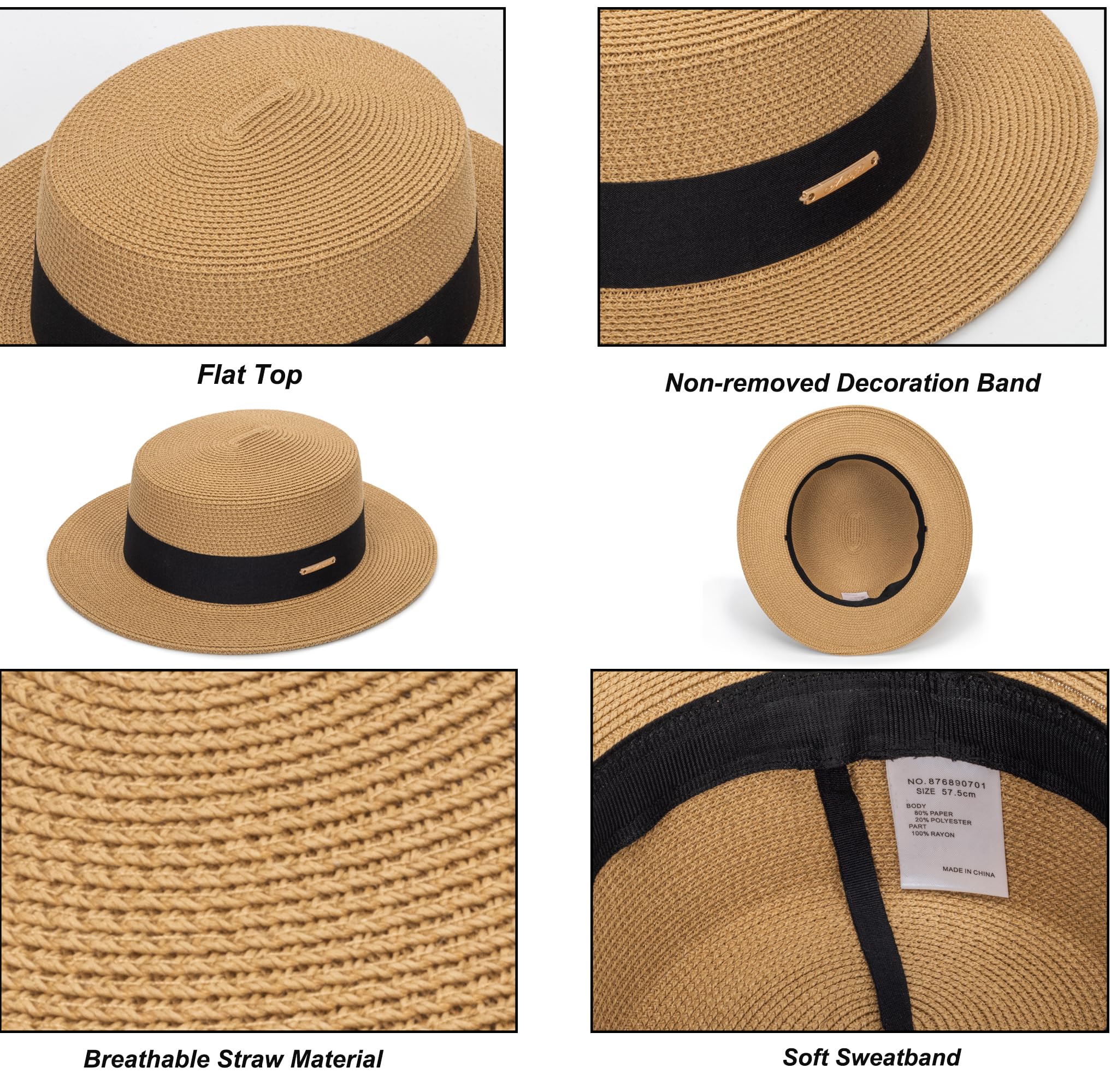 Women's Wide Brim Sun Hat Straw Panama Hat - UV-Protection Summer Boater Fedora Beach-Sun-Hats(M-L)