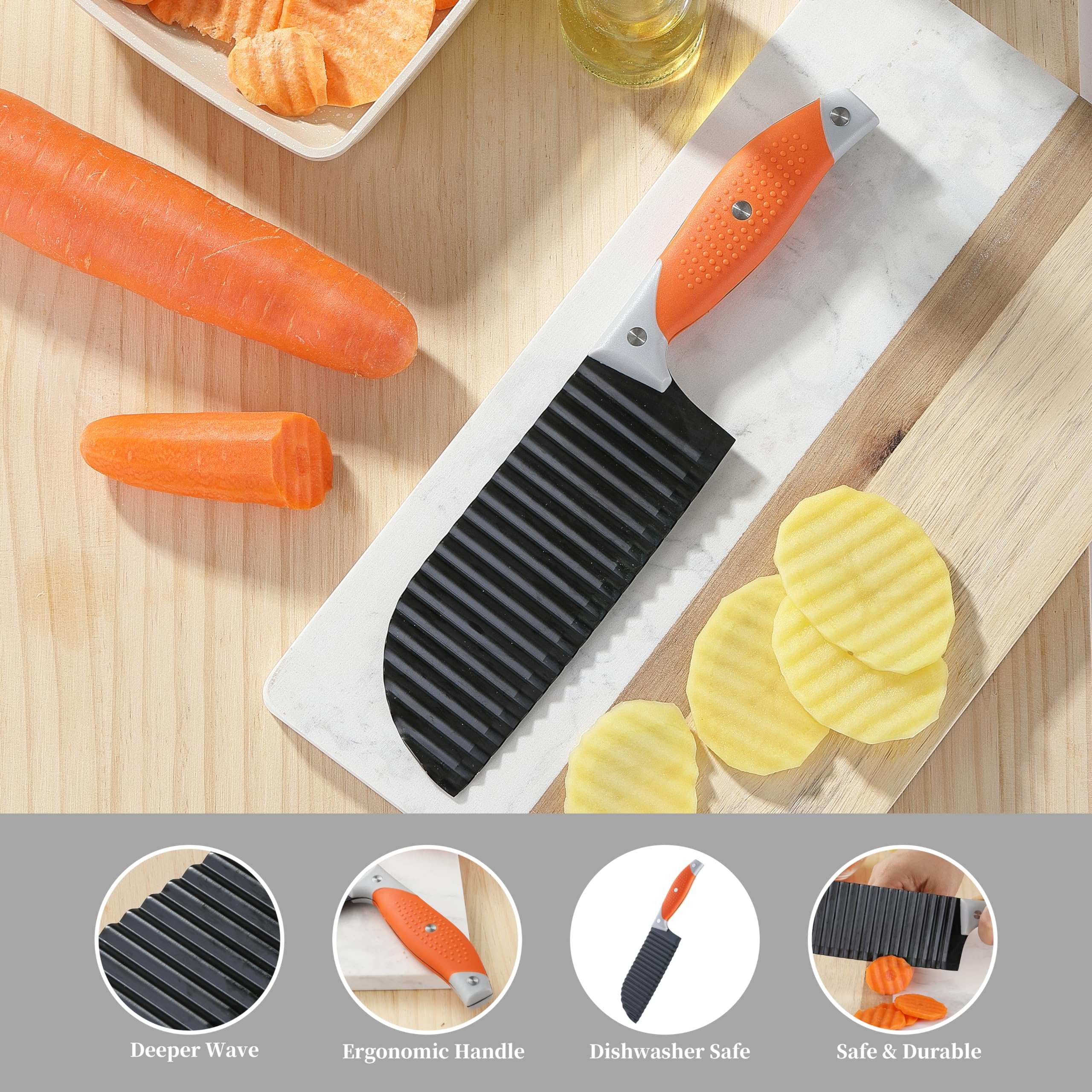 VITUER Crinkle Cutter for Veggies, Crinkle Cut Knife for French Fry, Vegetable, Potato, Cucumber, Carrot and Fruit, Stainless Steel Wave Fries Cutter Slicer With Ergonomic Handle, Dishwasher Safe