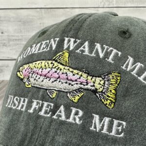 Shenbors Embroidered Women Want Me Fish Fear Me Hat for Men, Army Green Outdoors Fishing Snapback Dad Hat, Adjustable Baseball Cap