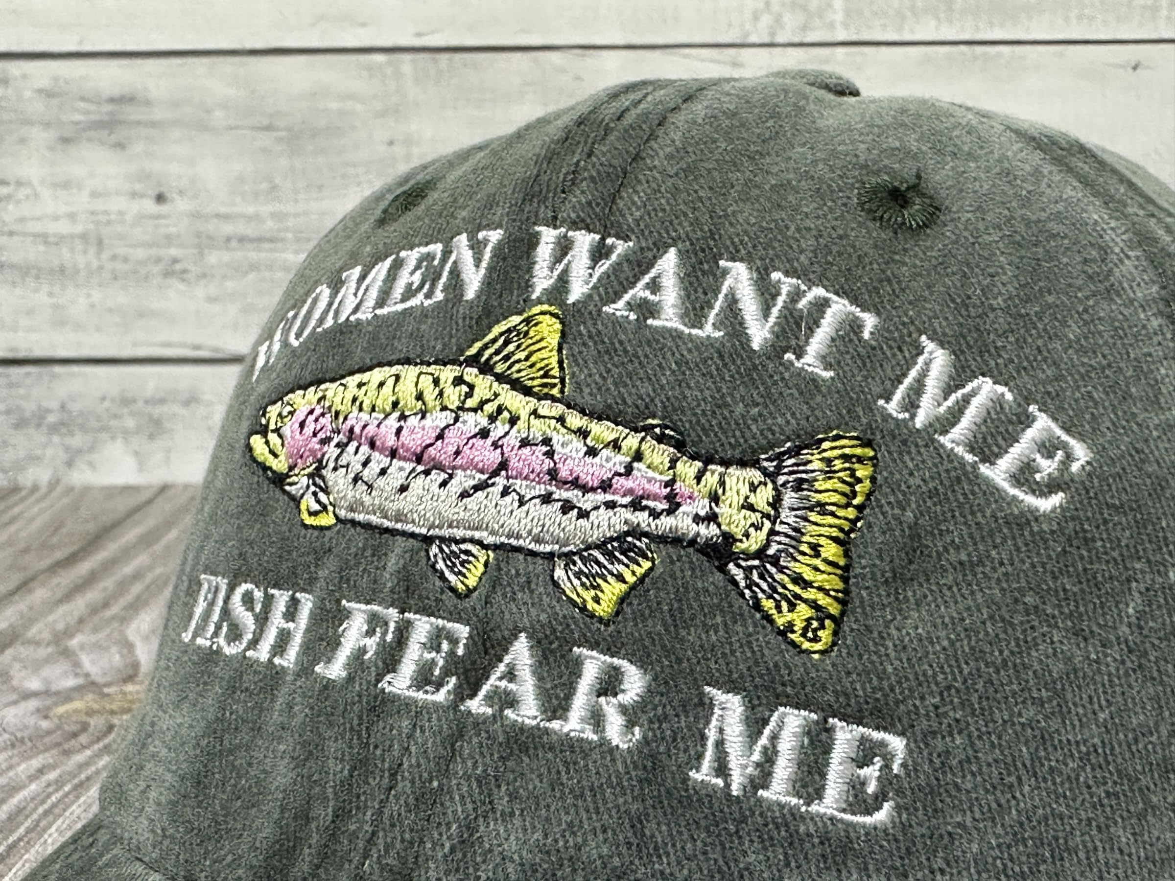 Shenbors Embroidered Women Want Me Fish Fear Me Hat for Men, Army Green Outdoors Fishing Snapback Dad Hat, Adjustable Baseball Cap