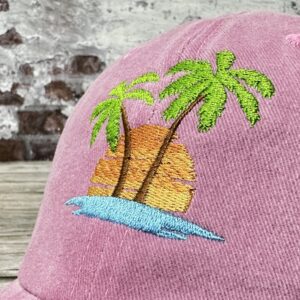 Hepandy Embroidered Palm Tree Hat for Women, Washed Pink Baseball Cap Snapback Hat for Girls, Outdoor Travel Denim Dad Hat Trucker Hat