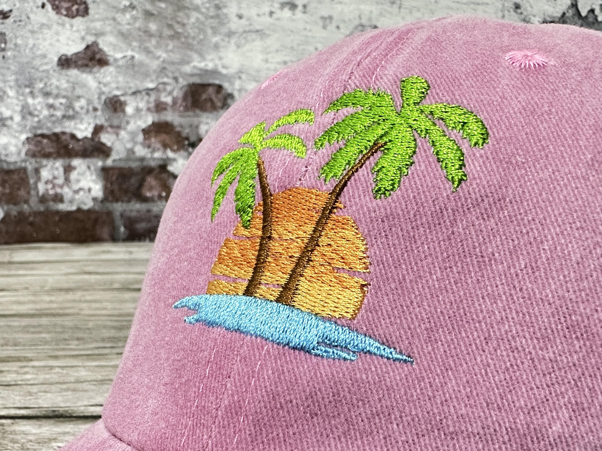 Hepandy Embroidered Palm Tree Hat for Women, Washed Pink Baseball Cap Snapback Hat for Girls, Outdoor Travel Denim Dad Hat Trucker Hat