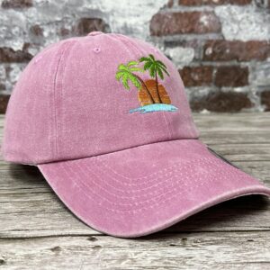 Hepandy Embroidered Palm Tree Hat for Women, Washed Pink Baseball Cap Snapback Hat for Girls, Outdoor Travel Denim Dad Hat Trucker Hat