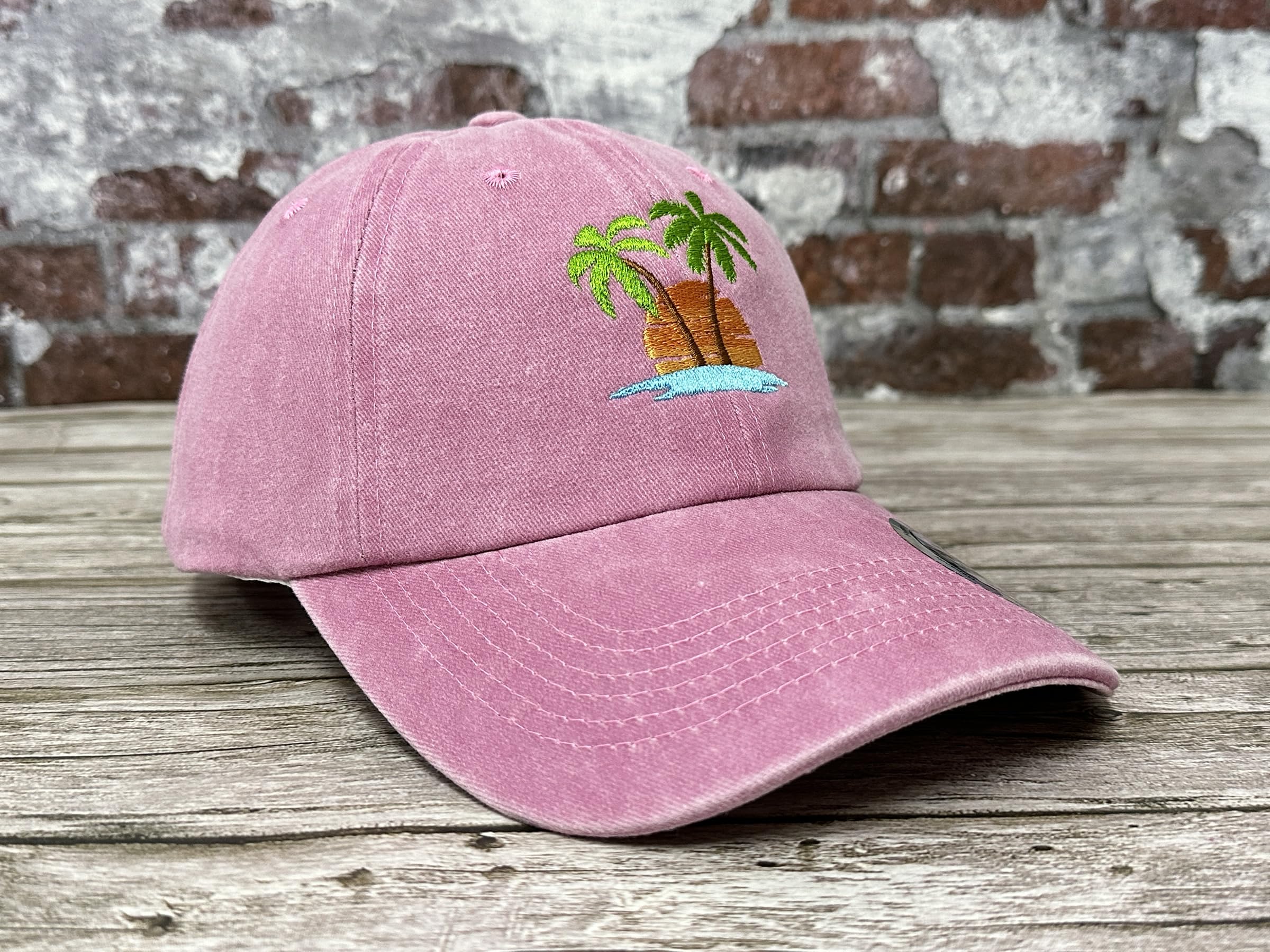 Hepandy Embroidered Palm Tree Hat for Women, Washed Pink Baseball Cap Snapback Hat for Girls, Outdoor Travel Denim Dad Hat Trucker Hat