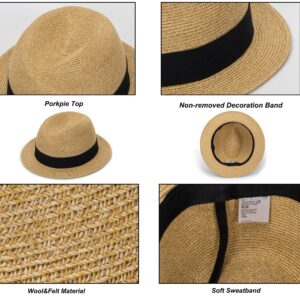 Straw Fedora-Sun-Hats for Women Men Summer Short Brim Roll Up Trilby Hat Packable Panama-Jazz Beach Hat(Size:M) Khaki