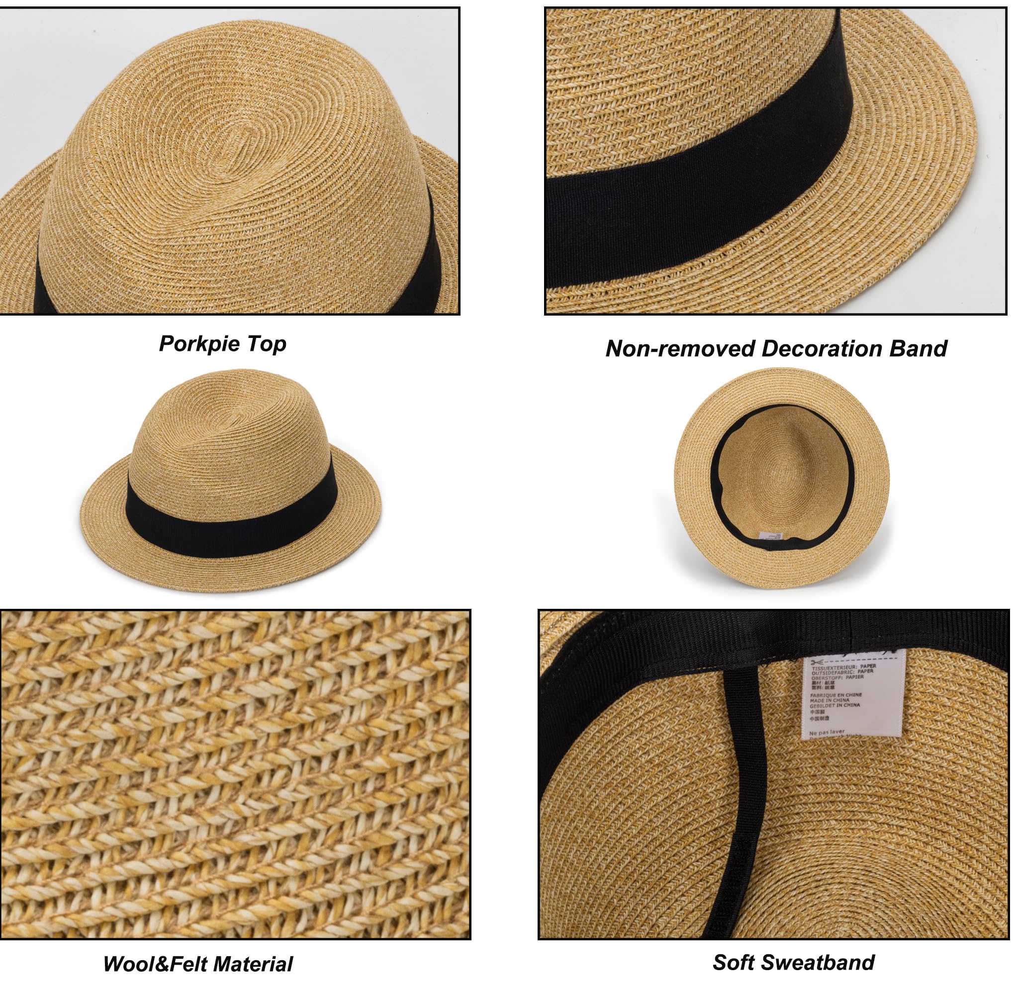 Straw Fedora-Sun-Hats for Women Men Summer Short Brim Roll Up Trilby Hat Packable Panama-Jazz Beach Hat(Size:M) Khaki